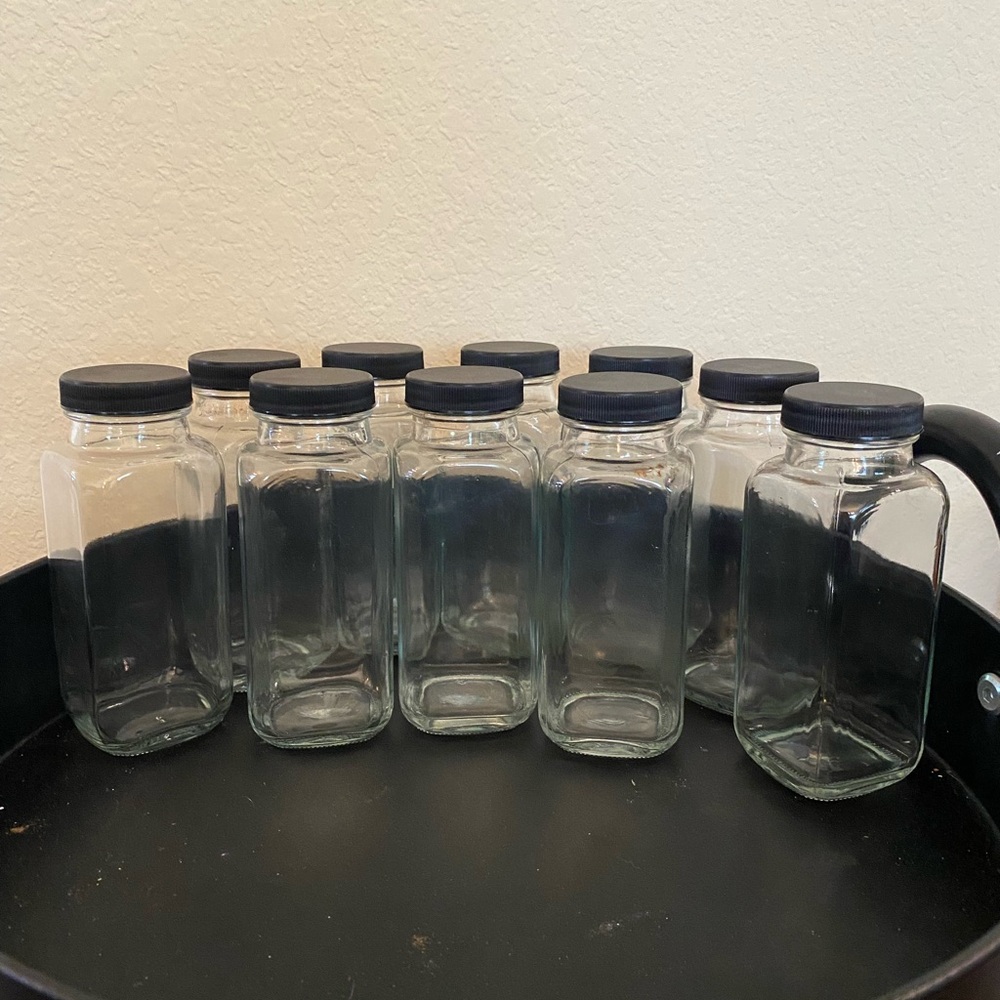 Set of 12 Clear Glass Jars with Black Lids (2 of 12 not pictured)